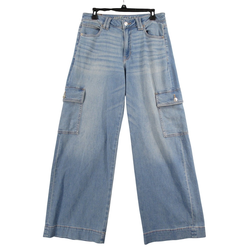 American Eagle Wide Leg Cargo Jeans Womens 8 Light Wash Utility Denim Pants